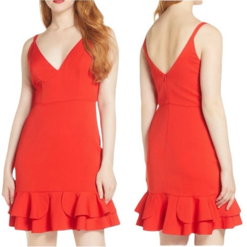NWT Foxiedox Red Ruffle Bottom V-Neck Mini Summer Cocktail Party Event Dress S